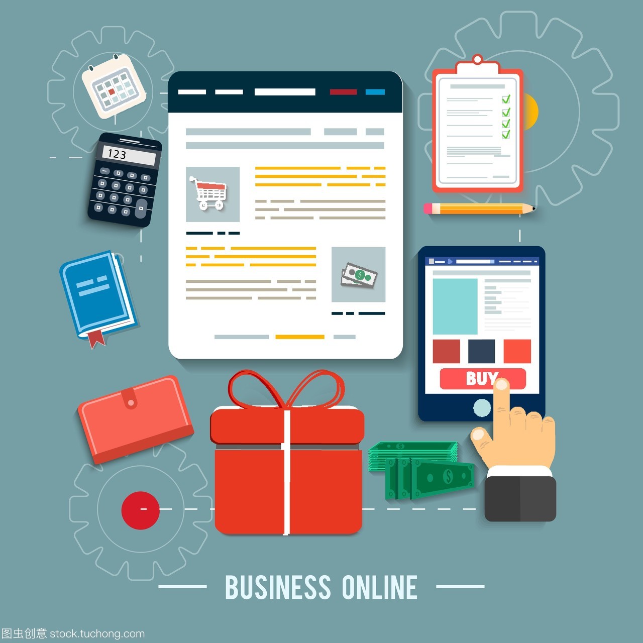 業(yè)務(wù)網(wǎng)絡(luò)圖標(biāo)。在平面設(shè)計中通過網(wǎng)上商店和電子商務(wù)思想符號和購物元素購買產(chǎn)品圖標(biāo)的海報概念